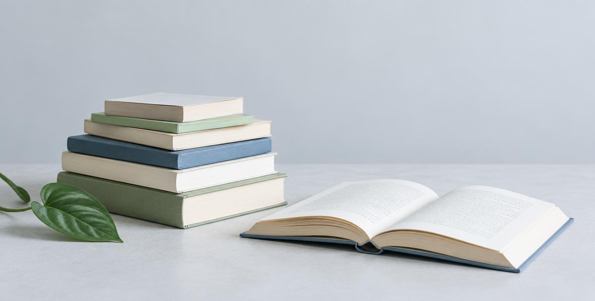 An open book beside a stack of books and green leaves