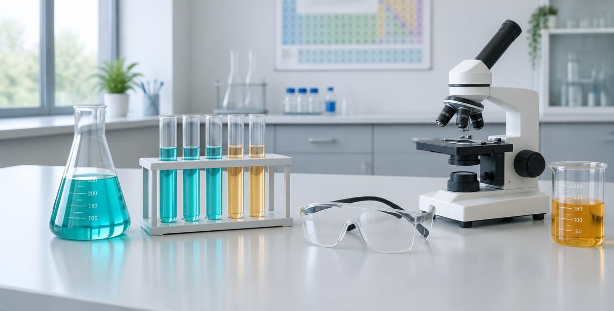 Chemistry laboratory equipment including a flask, test tubes, safety goggles and a microscope